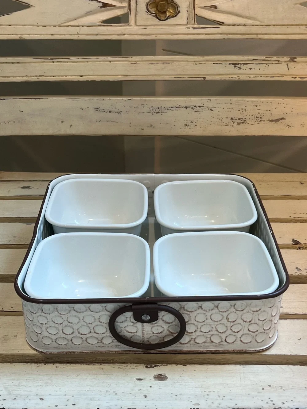 White Metal Condiment Serving Set with Decorative Tray
